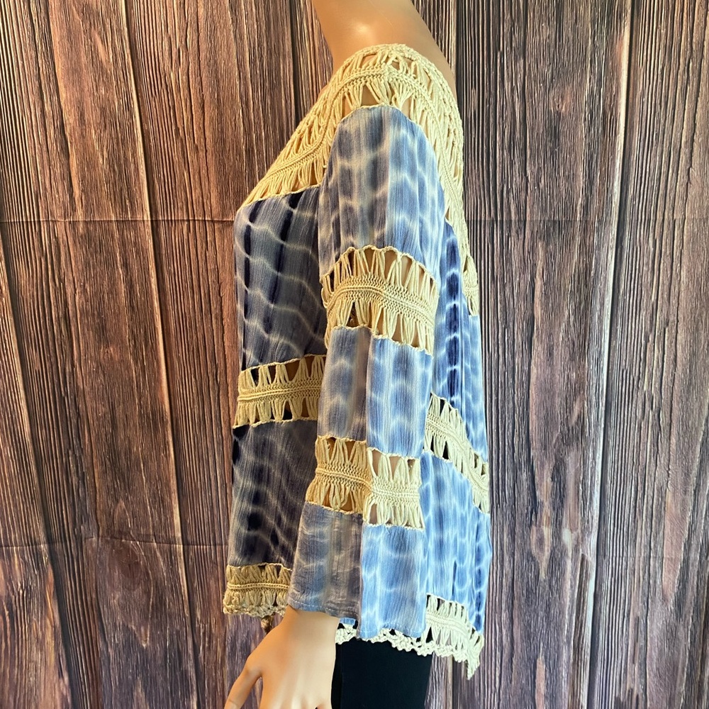 Jessica Taylor NYC blue white cream colored boho one size tie dye poncho - Picture 11 of 13